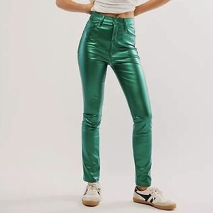Mother Metallic Juniper Green Faux Leather Jeans | Night-Out Coated Pants 31 NWT